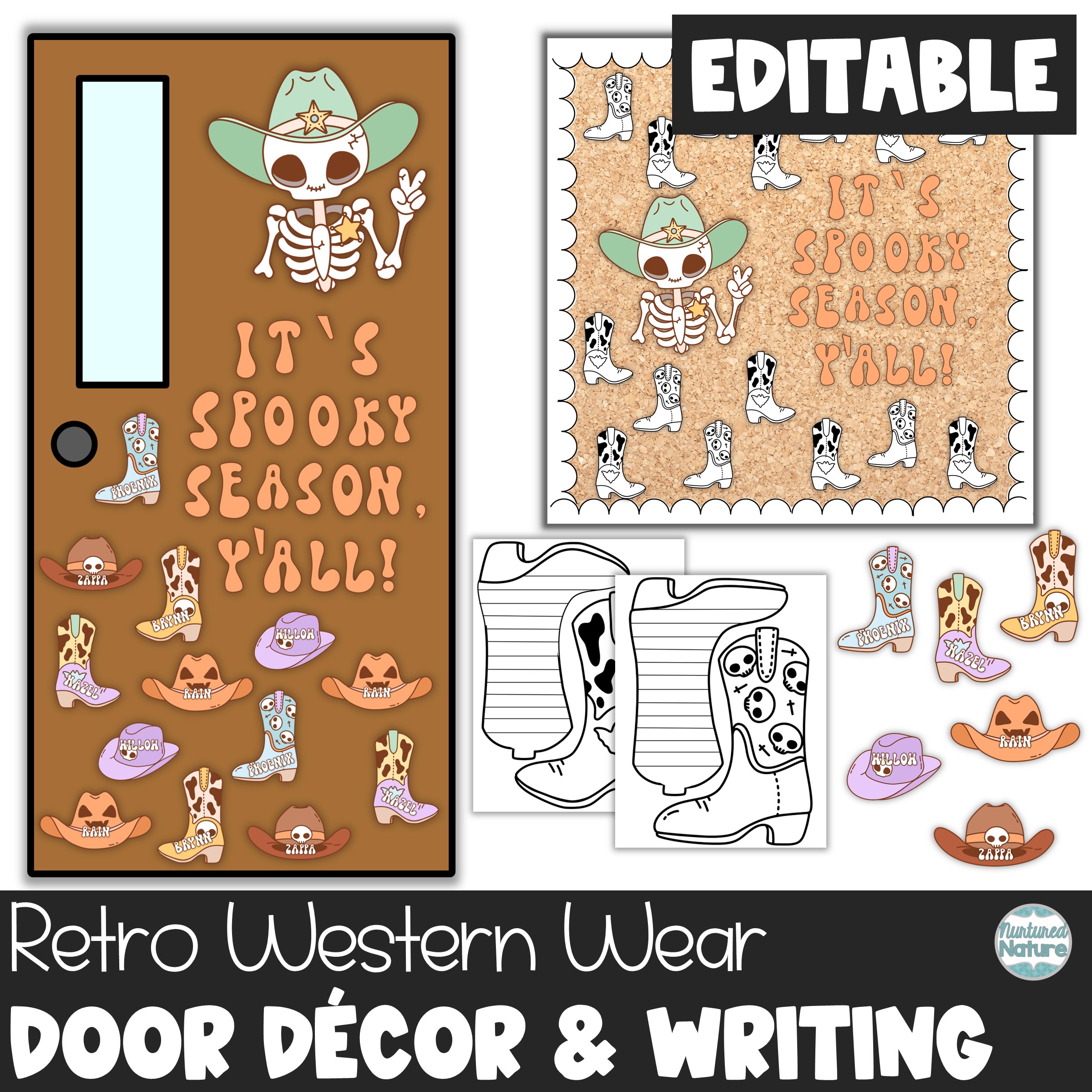 Western Halloween Bulletin Board or Door Decor - Skeleton with Cowboy Boots - Editable Letters