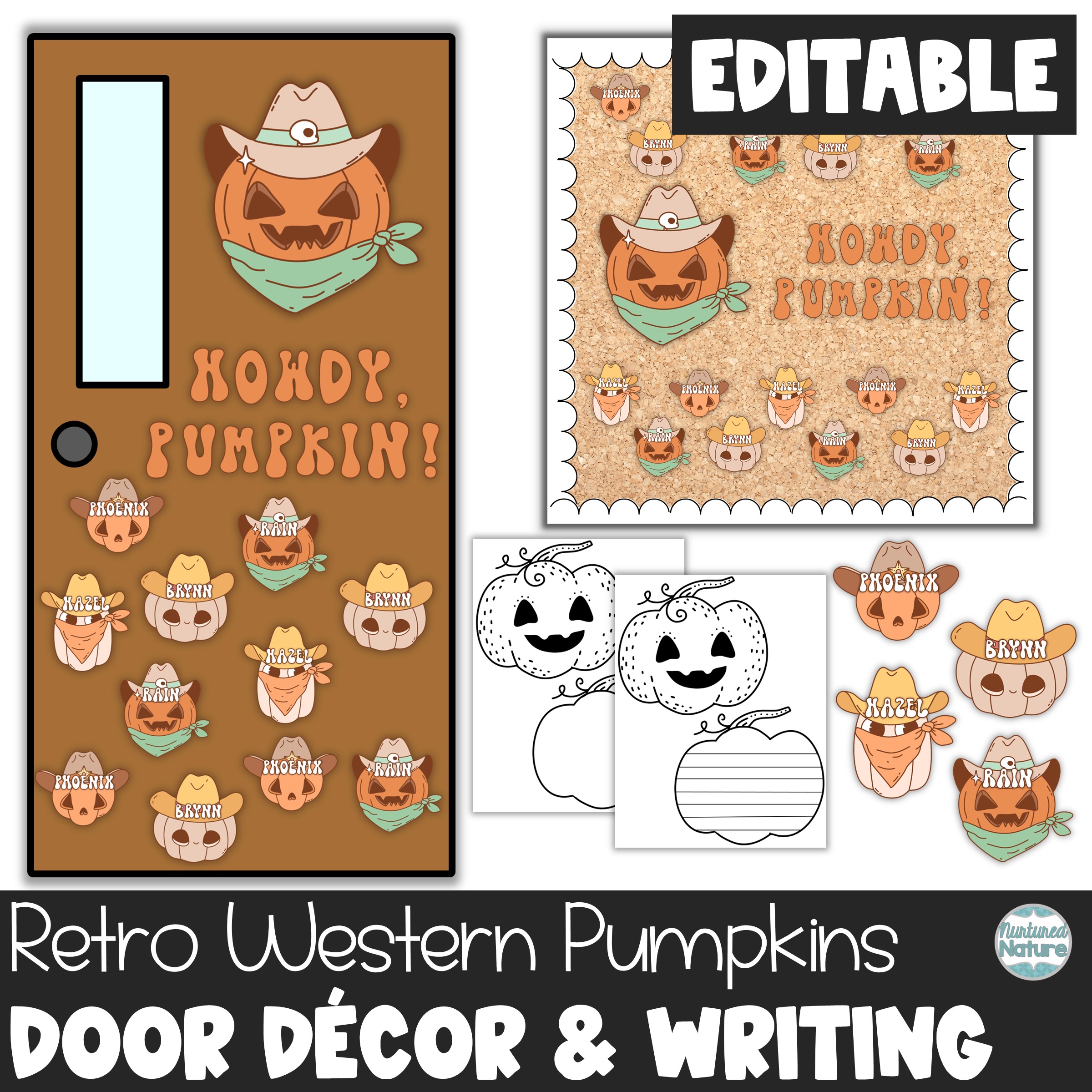 Western Halloween Bulletin Board or Door Decor - Cowboy Pumpkins - Editable Letters