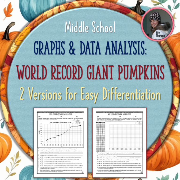 Fall Data Analysis and Graphing Worksheet Activity with Giant Pumpkin Line Graph