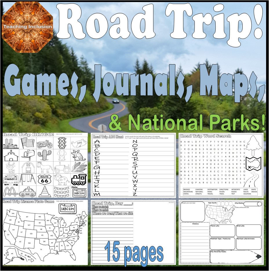 Road Trip Worksheets National Parks BINGO word search games journal map research