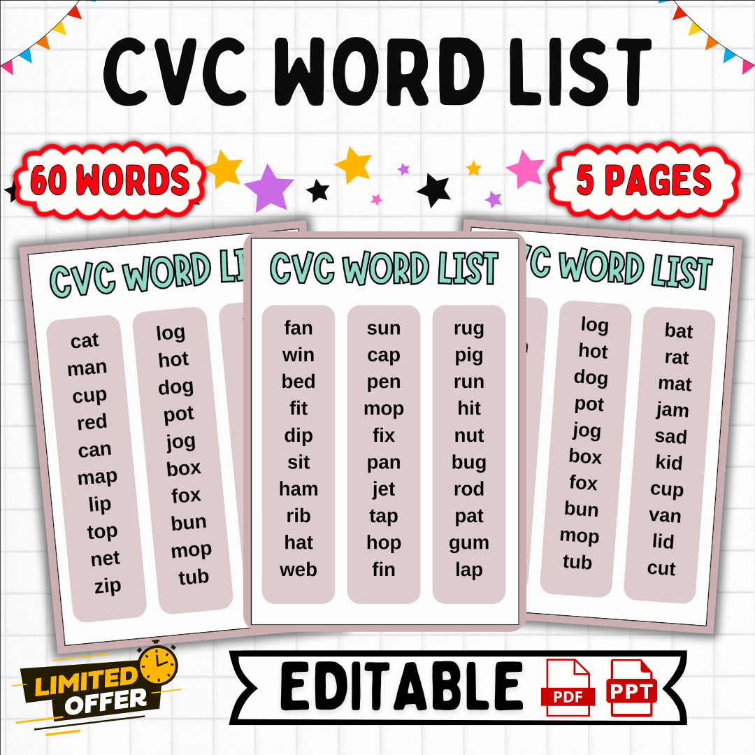 CVC Word List for Kindergarten | Early Reading Phonics | Printable Worksheet