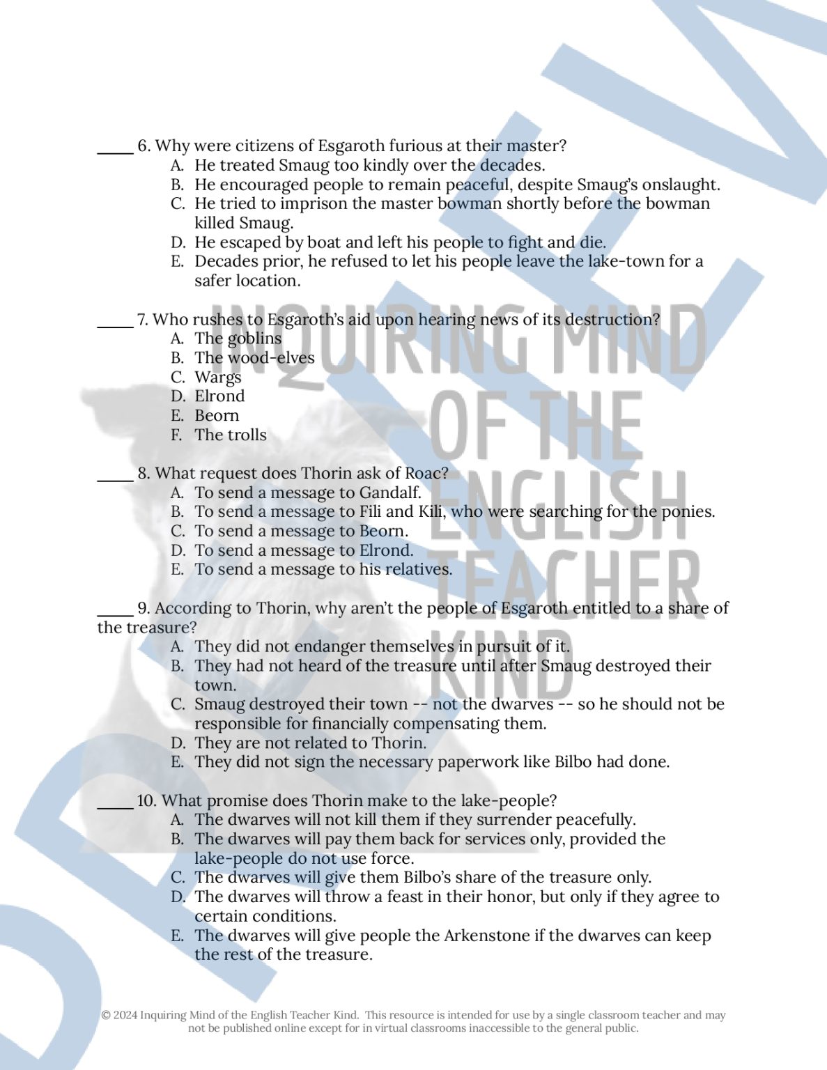 The Hobbit Chapters 13, 14, 15, and 16 Quiz and Answer Key for High ...