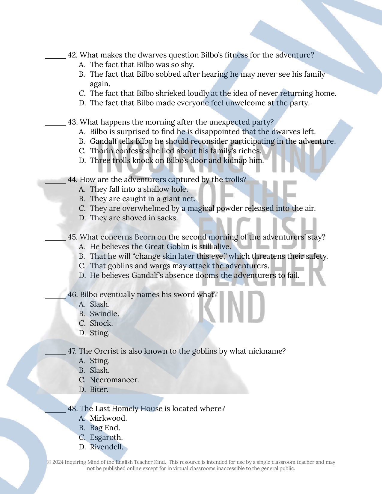 The Hobbit Test, Answer Key, and StandardsBased Essay Scoring Rubric