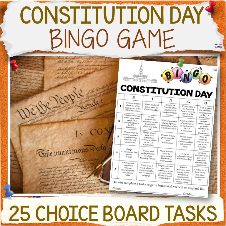 US Constitution Day Activities Bingo Game Early Finishers Do Now Choice Board