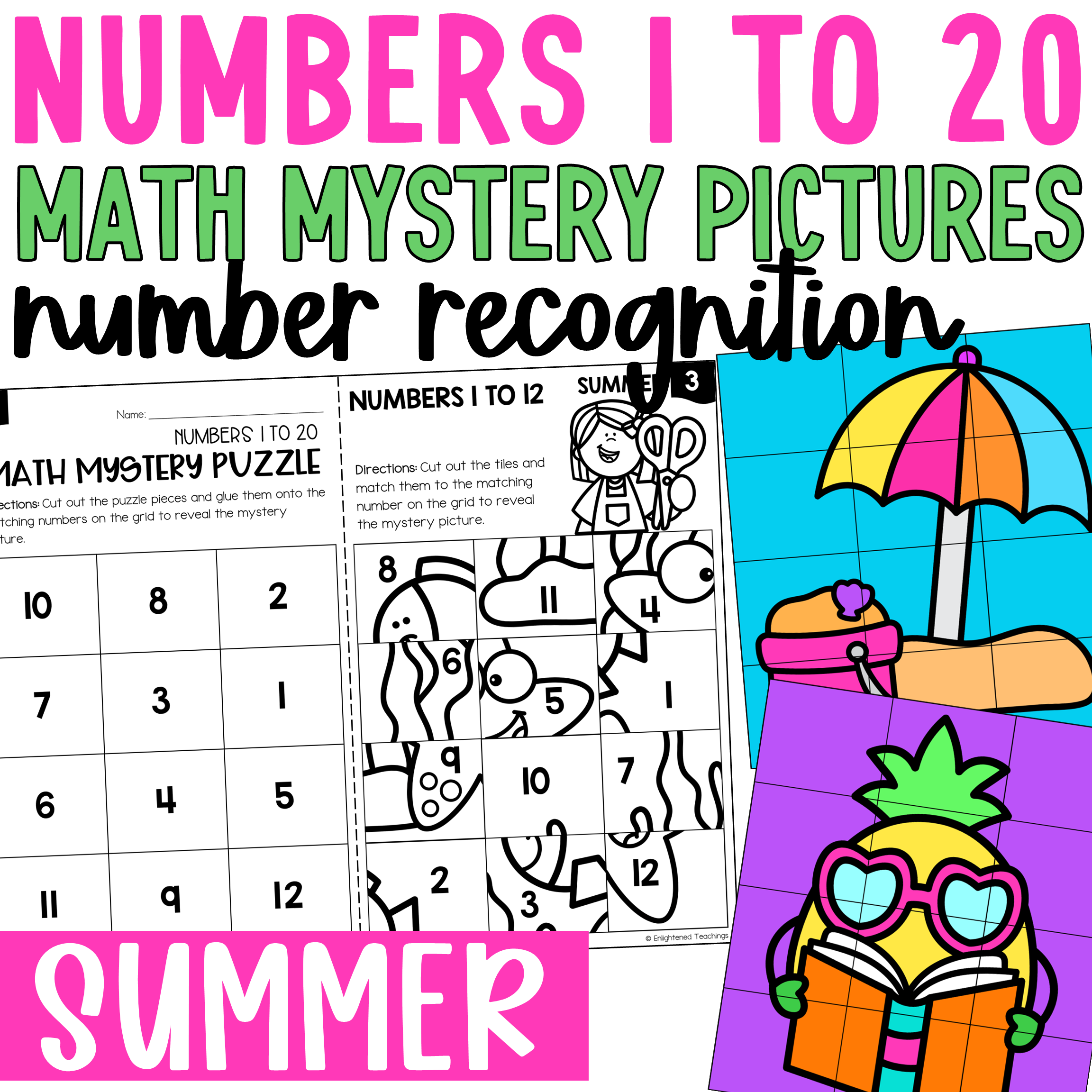 Summer Numbers to 20 Worksheets Math Mystery Puzzles Summer Number Recognition