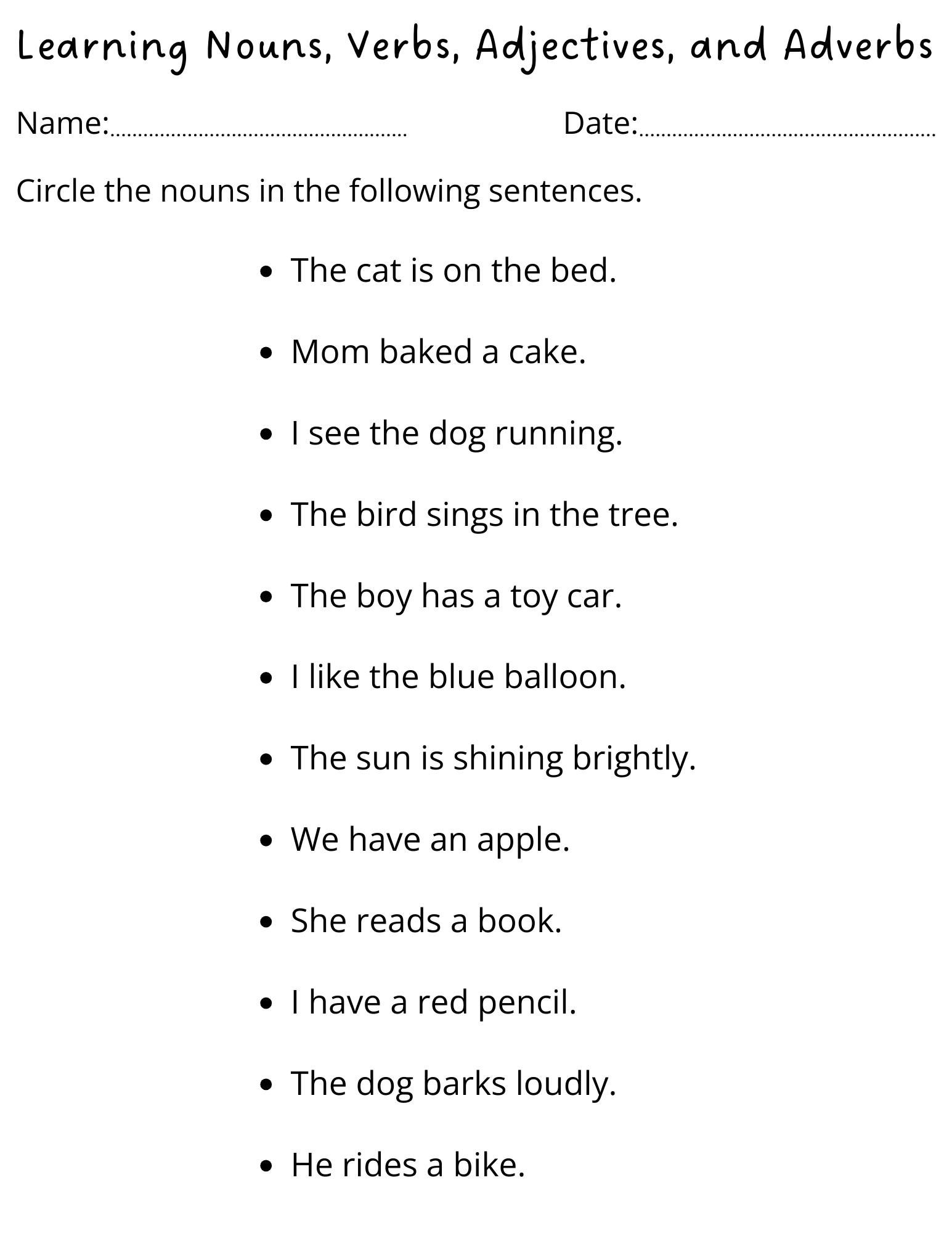 identifying nouns, verbs and adjectives in sentences worksheets