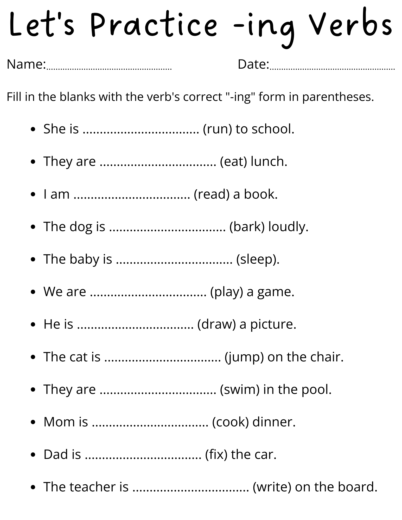 adding ing to verbs worksheet for grade 1