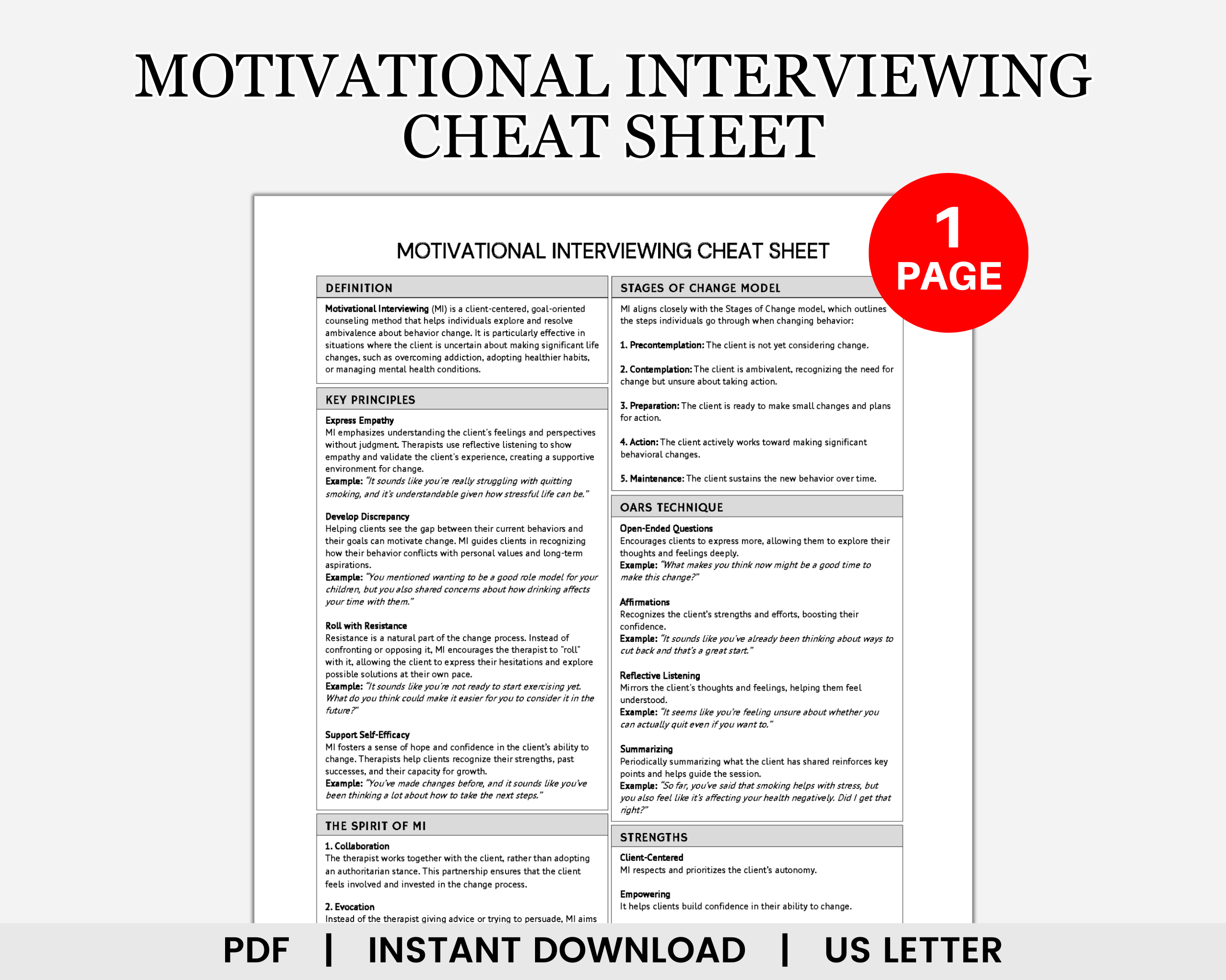 Motivational Interviewing Cheat Sheet, Motivational Therapy, MI Therapy, Motivational Interviewer