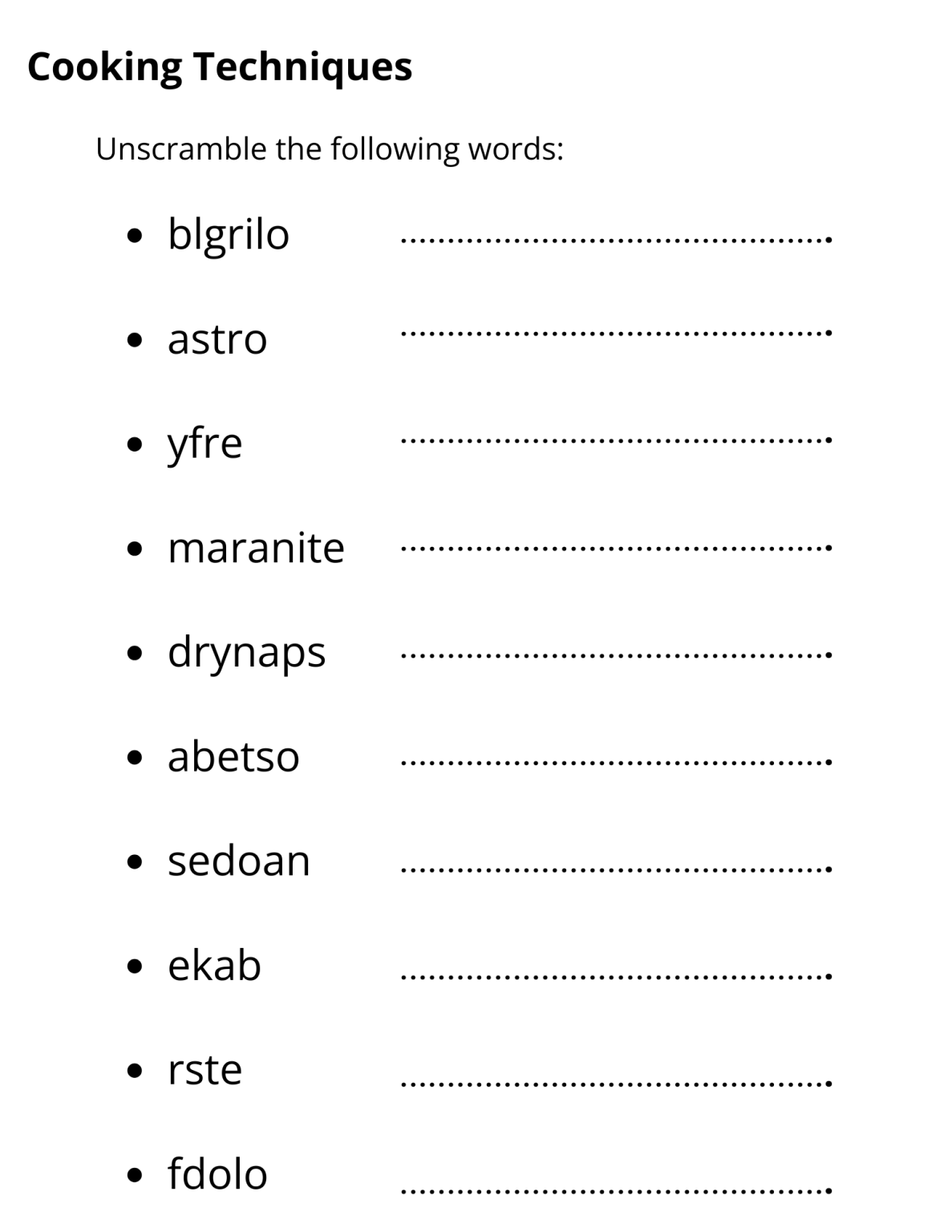 Basic Cooking Terms Answer Key printable basic cooking terms unscramble worksheet answer key - Made By ...