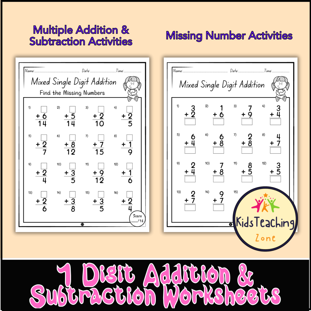 Single Digit Addition & Subtraction Worksheets | Mixed Numbers 0 to 9 ...