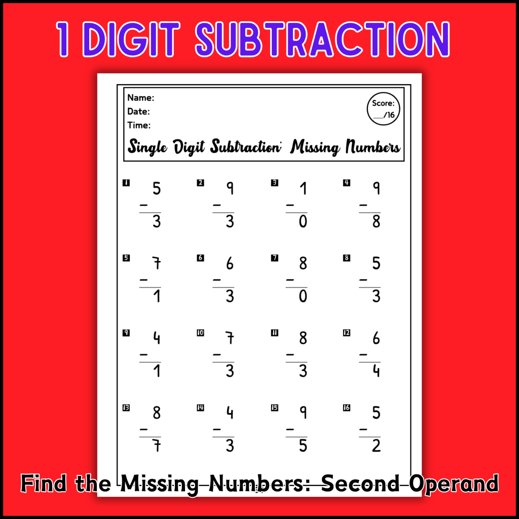 Single Digit Subtraction Worksheets 0 to 9 - Missing Numbers | Made By ...