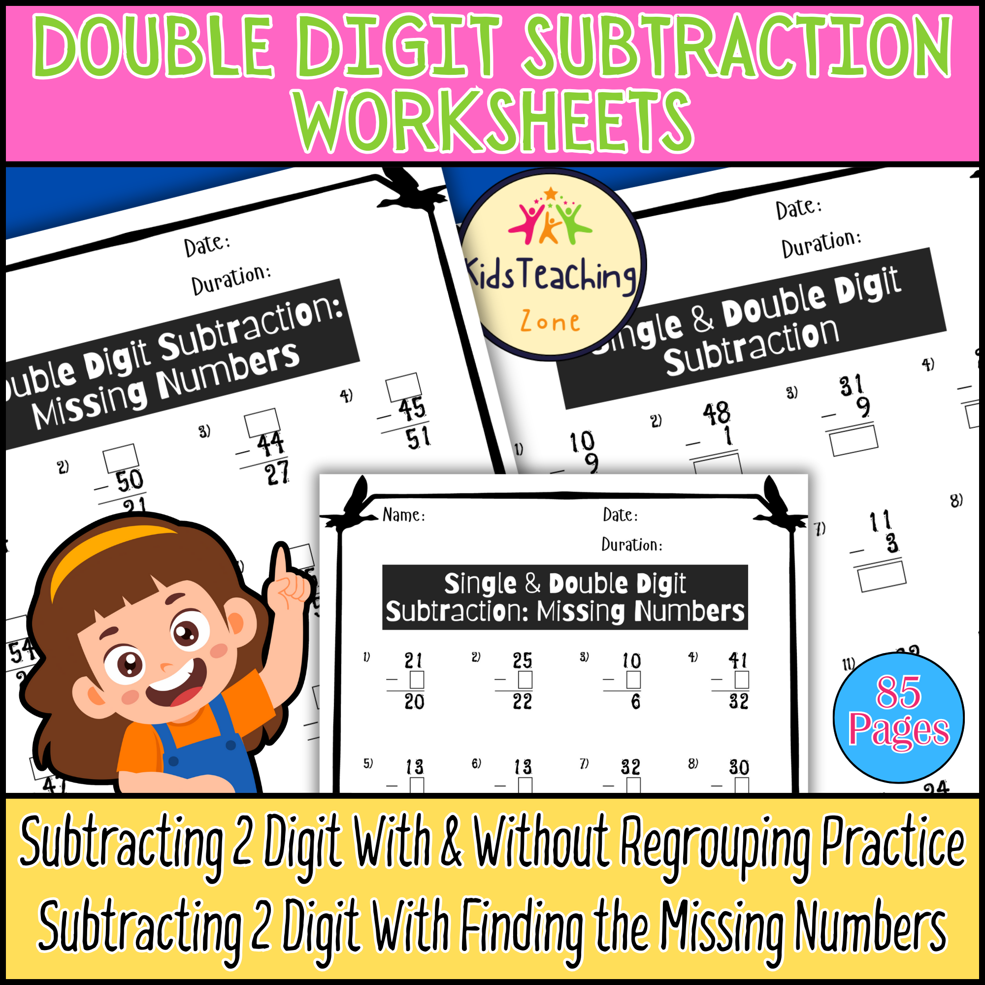 Double Digit Subtraction Math Worksheets With and Without Regrouping