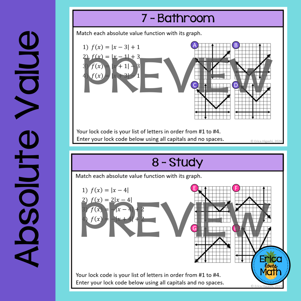 Absolute Value Equations, Inequalities, & Graphs Escape Room Activity ...