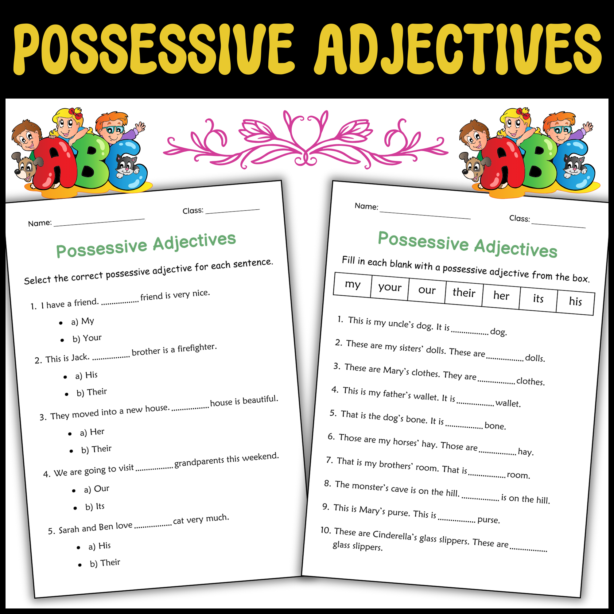 Printable Possessive Adjectives Grammar Worksheet for Grade 1