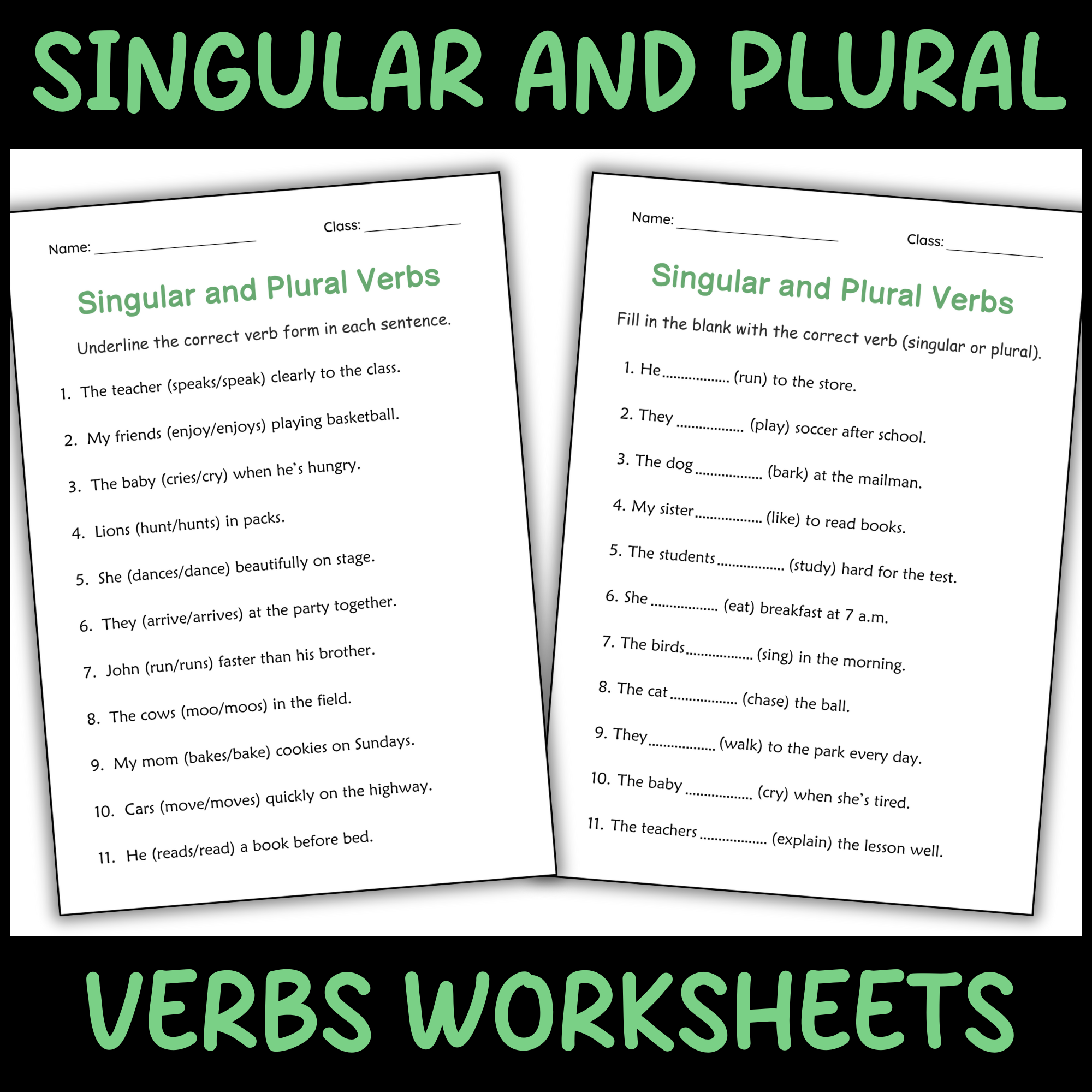 Subject Singular and Plural Verbs Grammar Worksheet for Grade 1