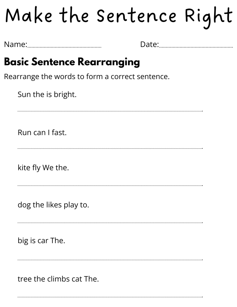 printable simple rearrange sentences worksheet for grade 1 with answers ...