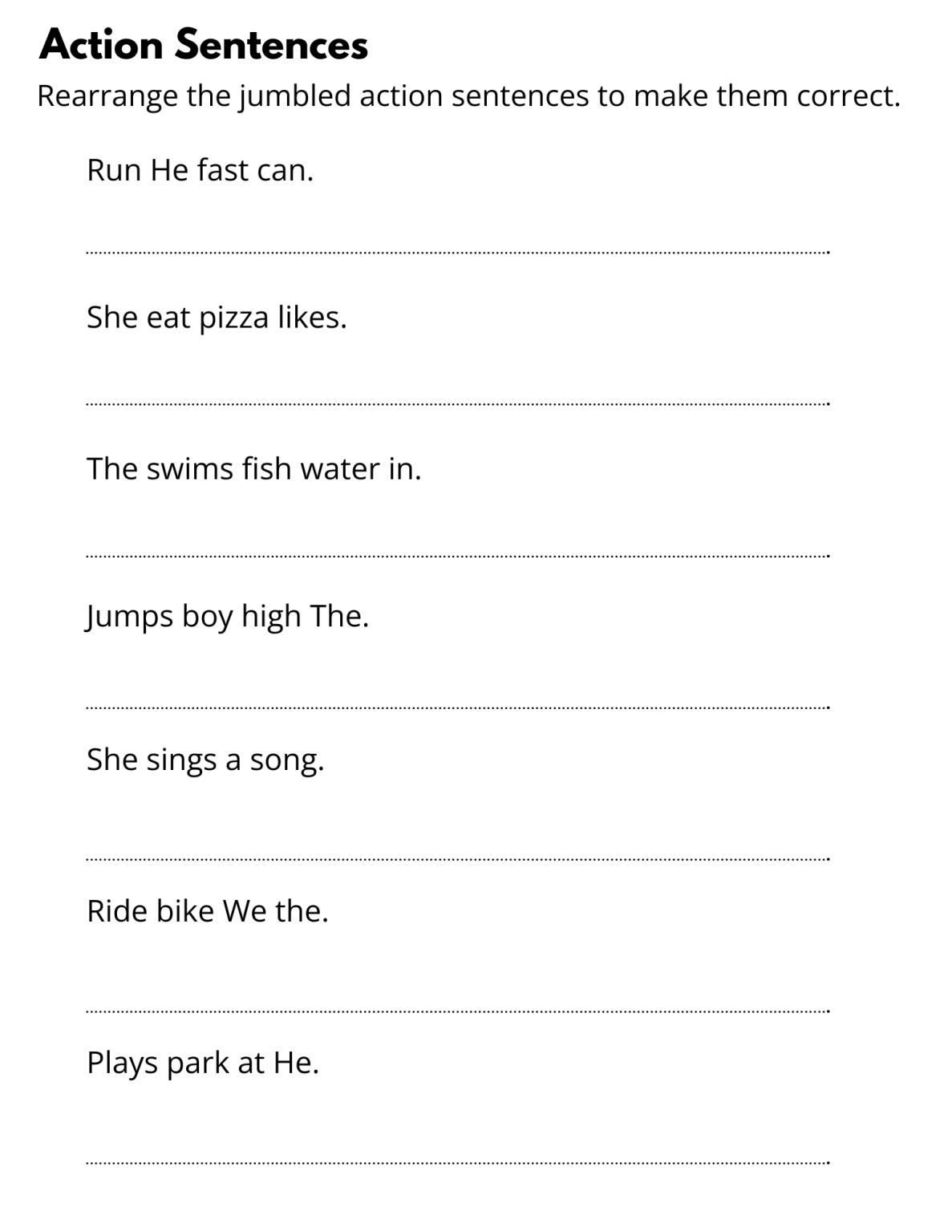 printable simple rearrange sentences worksheet for grade 1 with answers ...