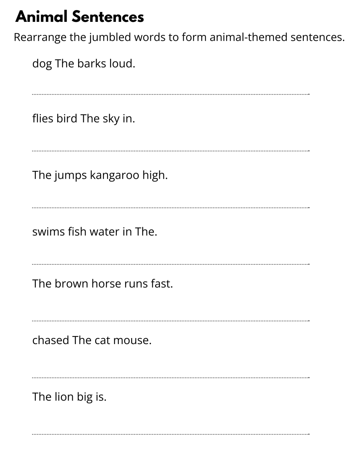 printable simple rearrange sentences worksheet for grade 1 with answers ...