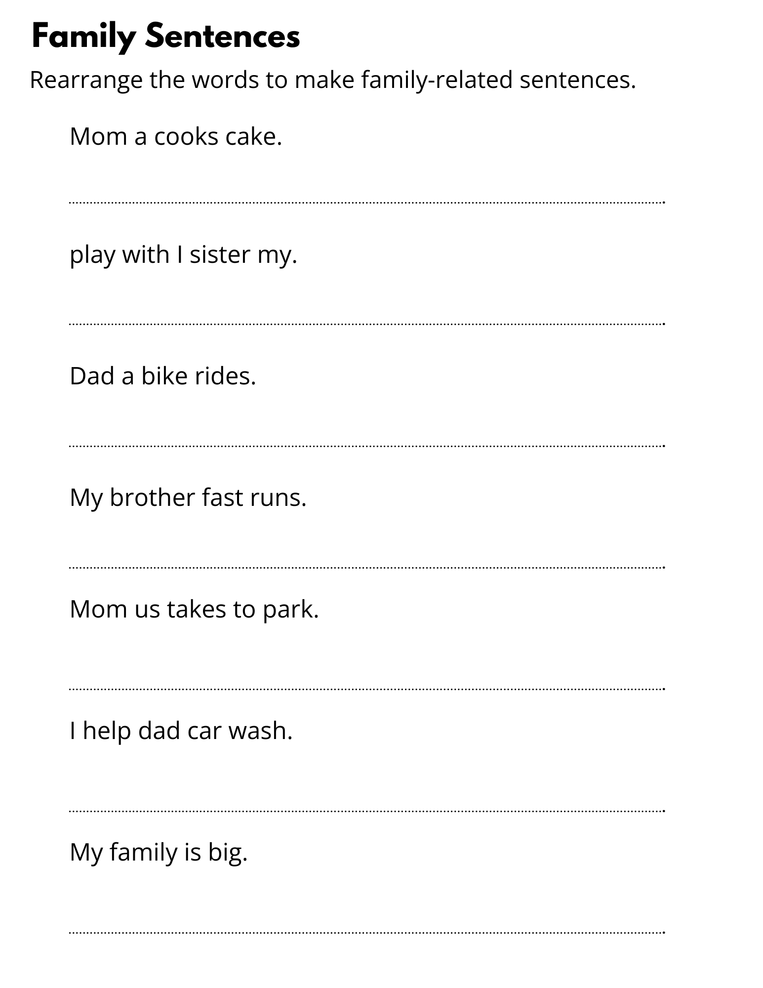 printable simple rearrange sentences worksheet for grade 1 with answers ...
