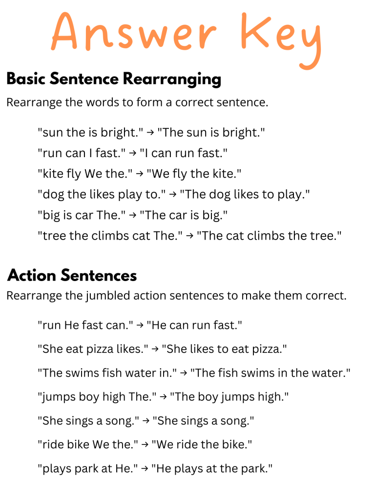 printable simple rearrange sentences worksheet for grade 1 with answers ...