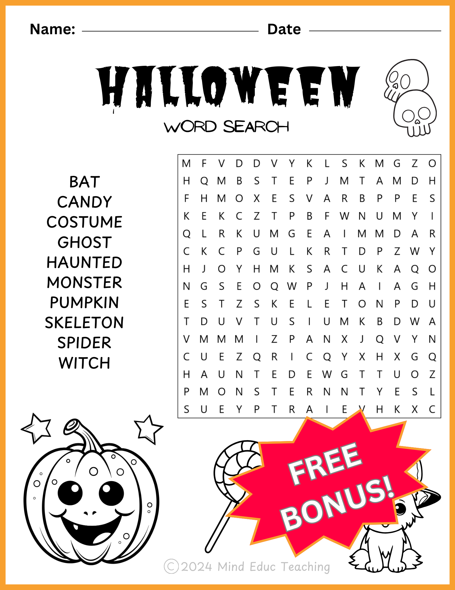 Halloween Vocabulary Word Search Activities + Cloring Pages Gift