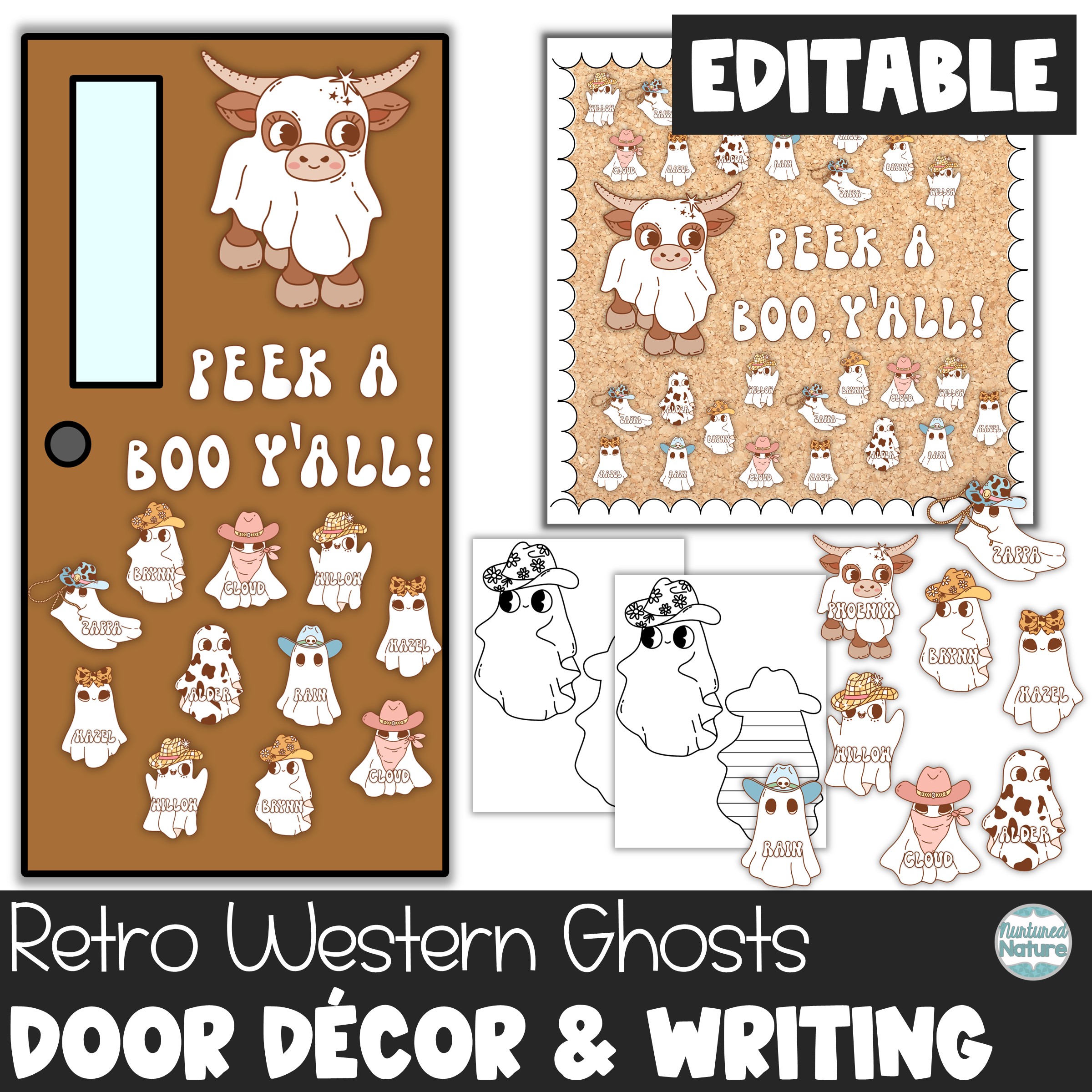Western Halloween Bulletin Board or Door Decor - Ghosts with Cowboy Hats - Editable Letters