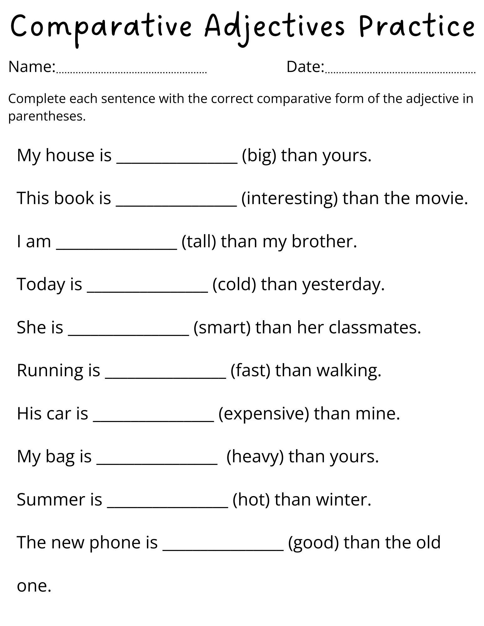 comparative adjectives activities for grade 1