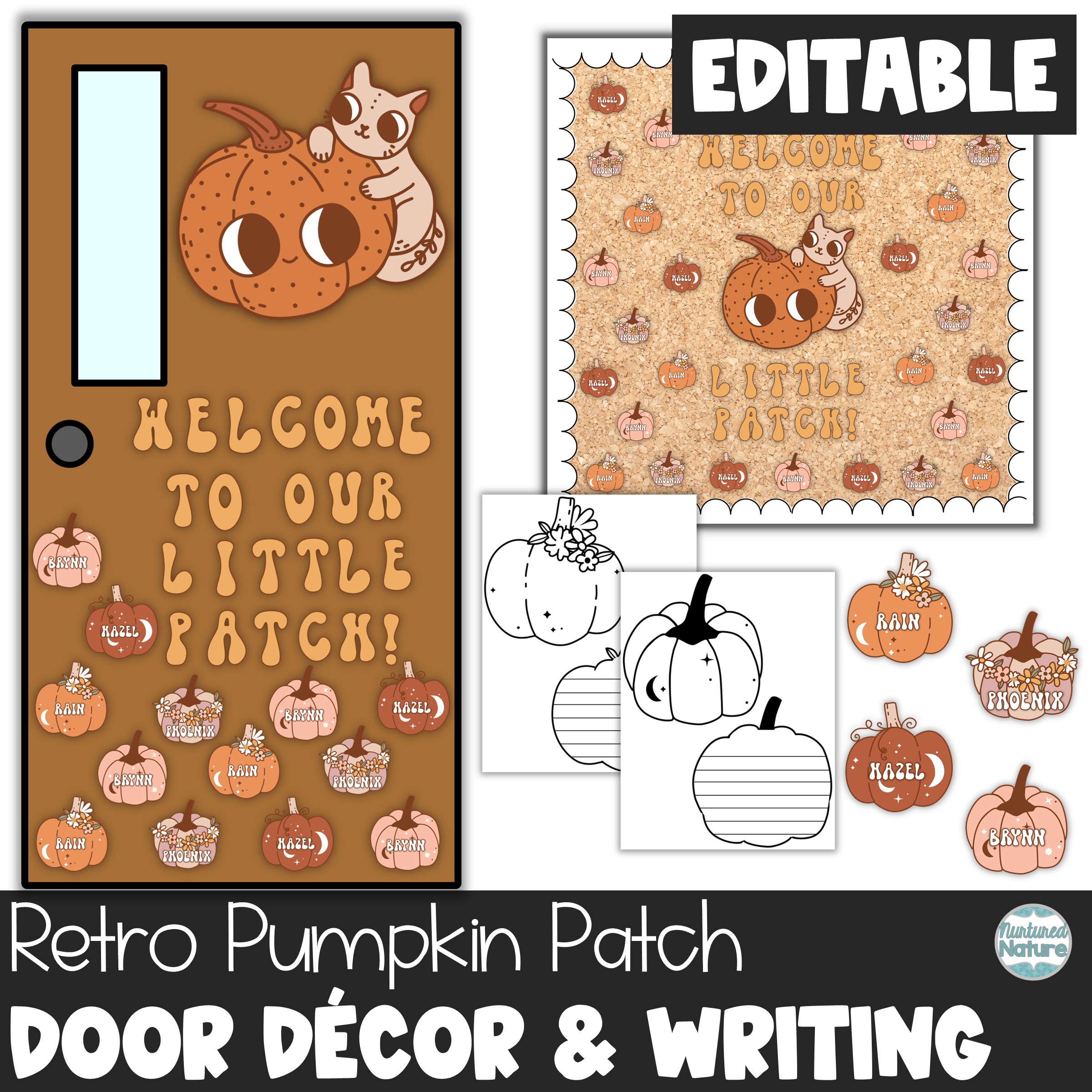Fall Bulletin Board or Door Decor - Retro Pumpkin Patch -Editable Letters and Name Tags