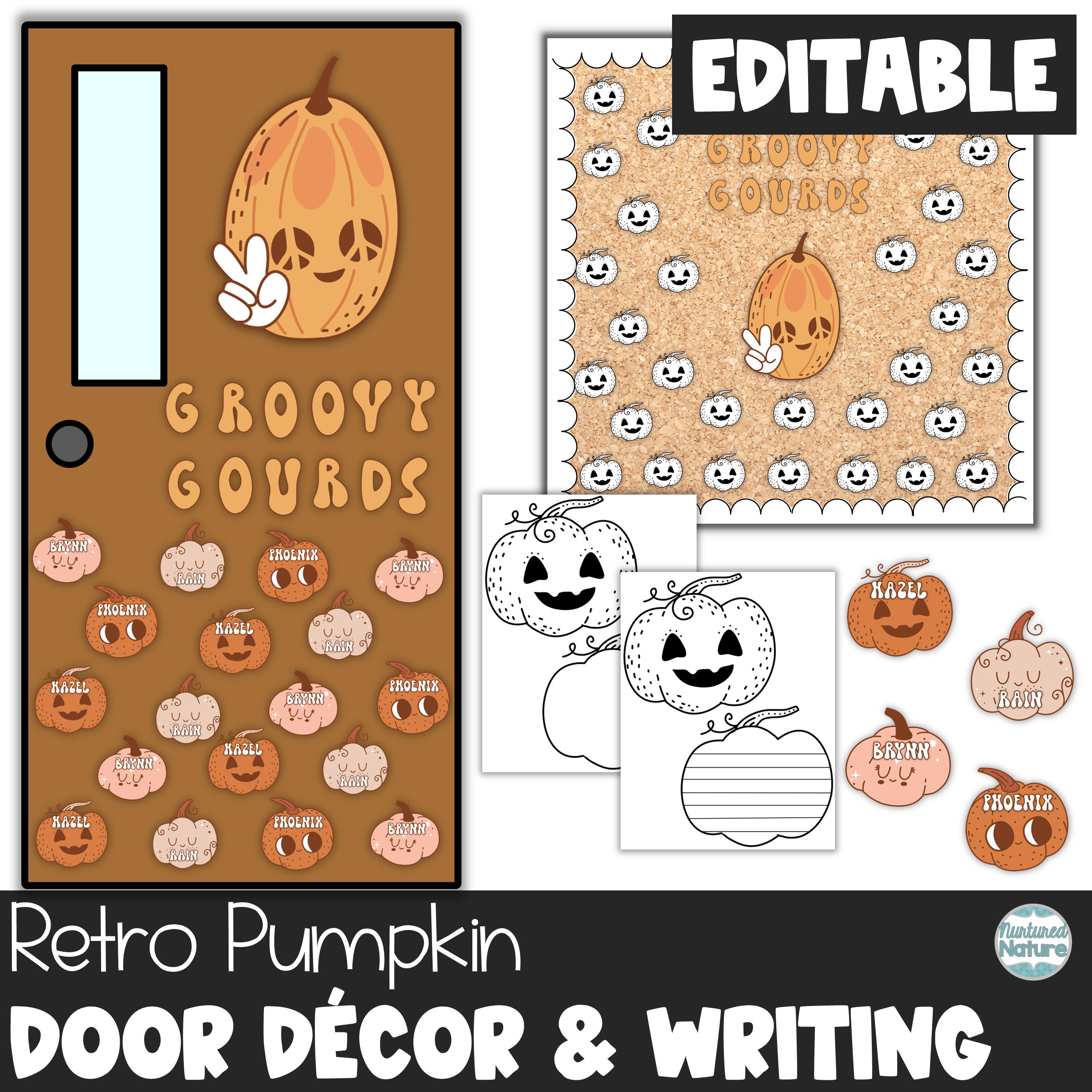 Halloween Bulletin Board or Door Decor - Groovy Retro Pumpkins - Editable Letters and Name Tags