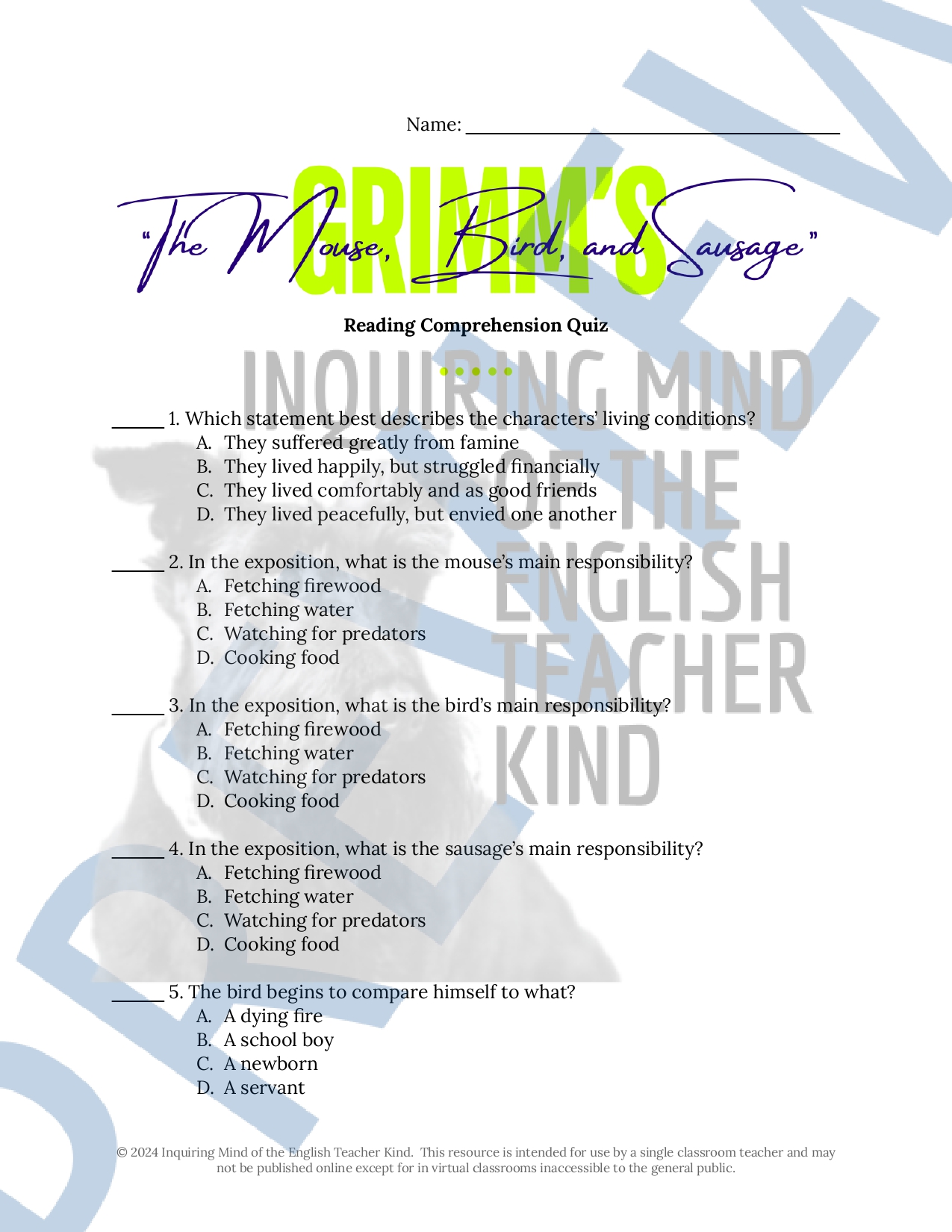 "The Mouse, the Bird, and the Sausage" by the Brothers Grimm Quiz and ...