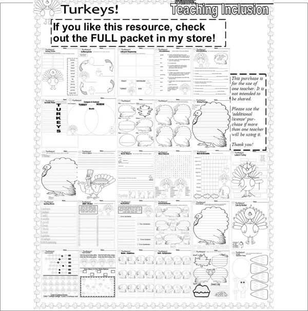 Turkey Math Activities Thanksgiving NO PREP multiplication addition ...