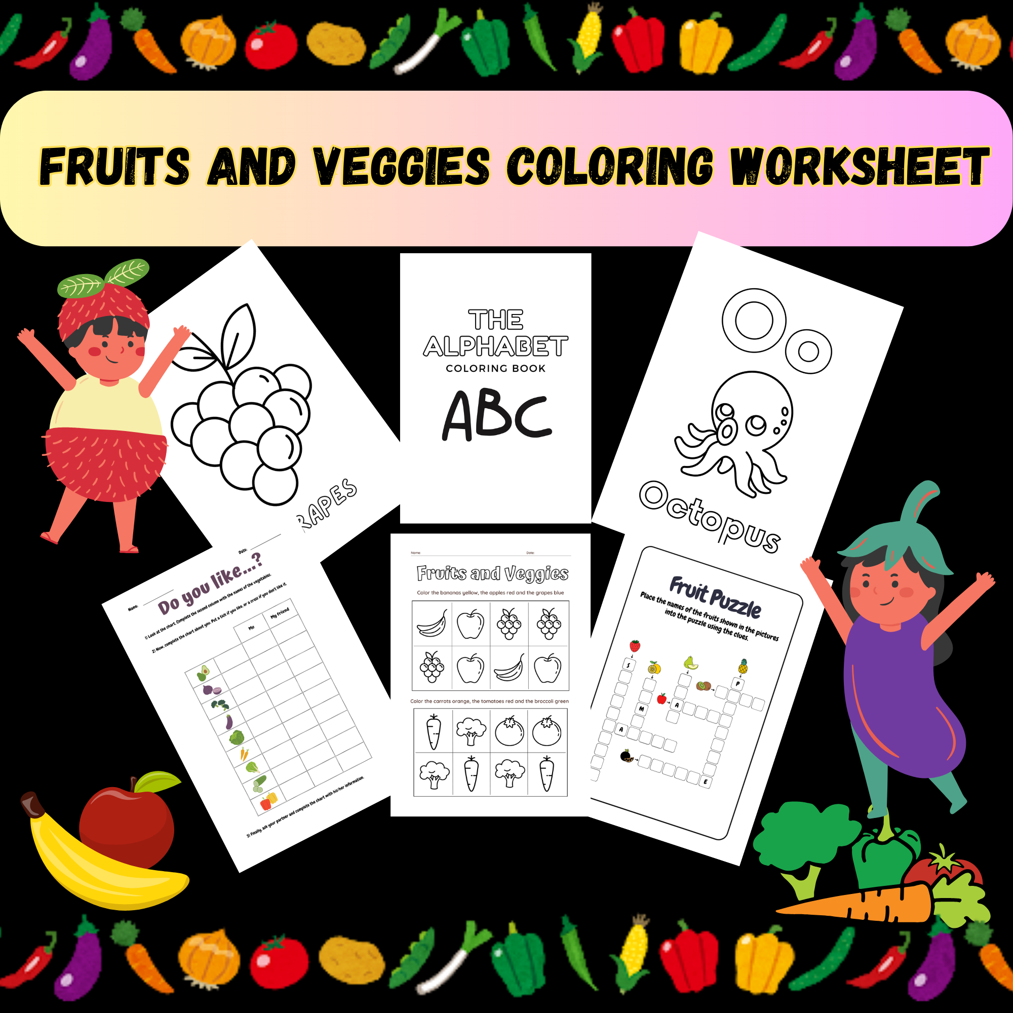Alphabet letters Worksheets for kids to Coloring Pages - Fruits & Vegetables
