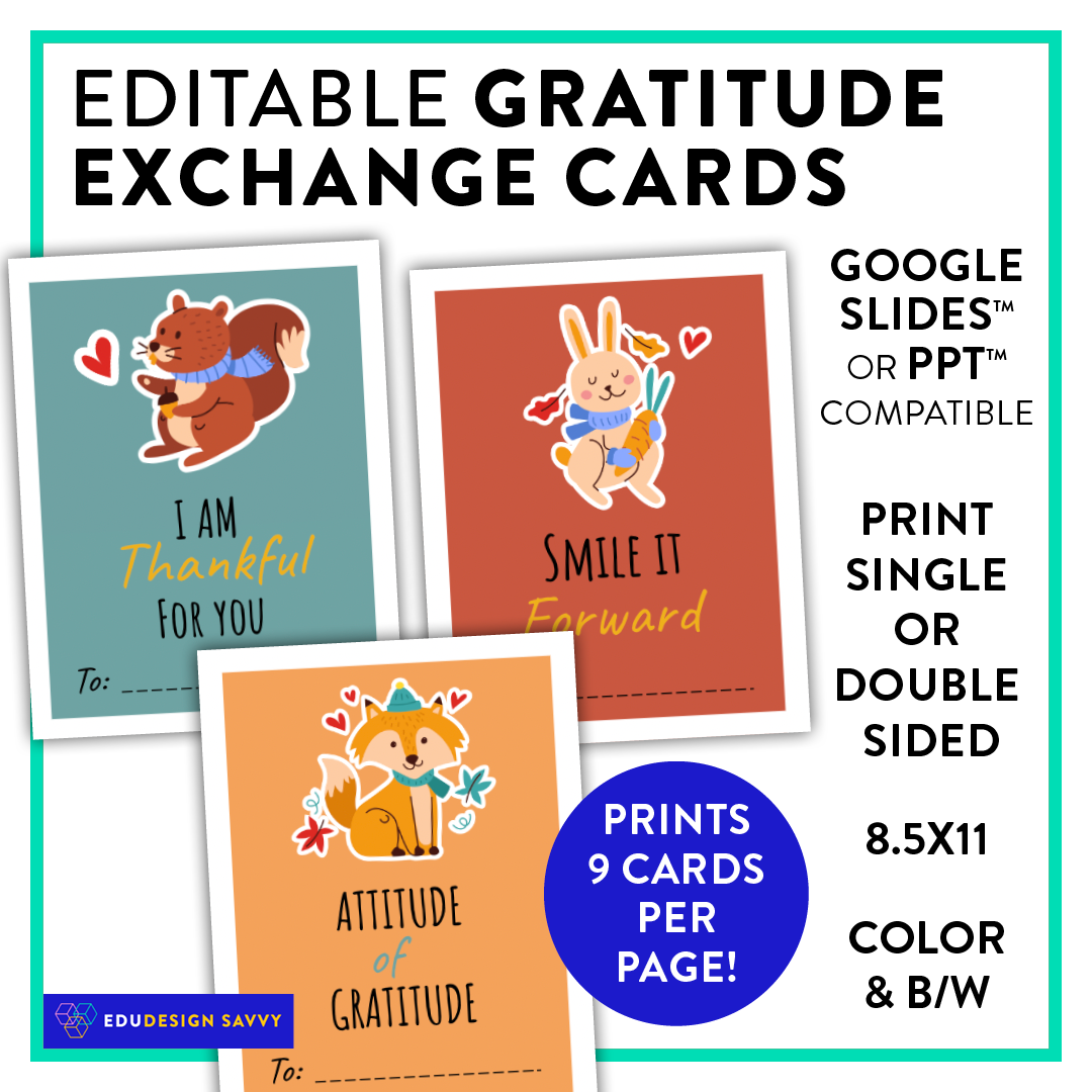 Editable Thanksgiving Gratitude Exchange Card Activity - 9 cards per sheet!