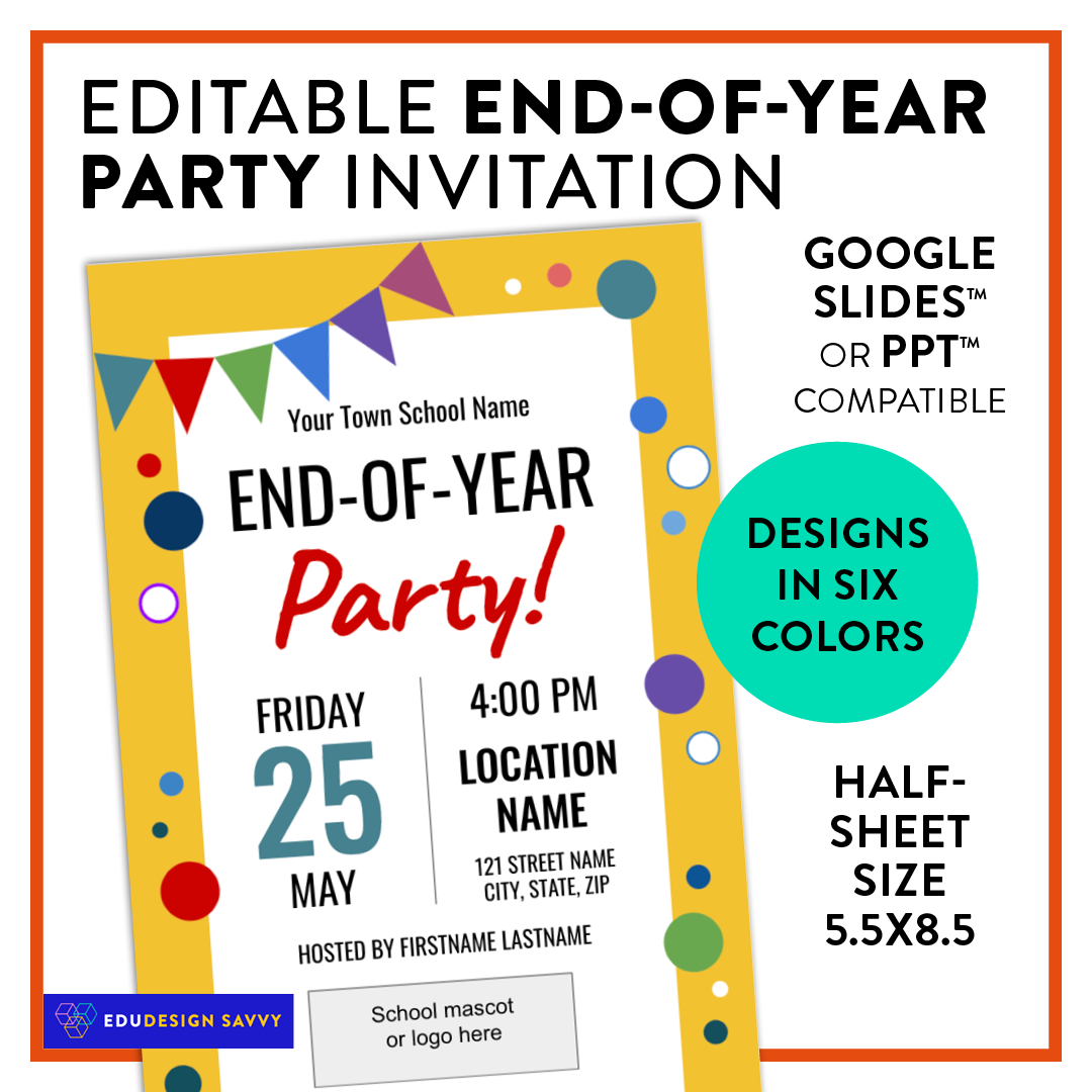 End-of-Year Party Invitation: Fully editable flag and dots design