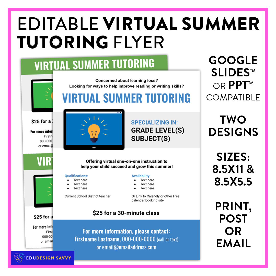 EDITABLE Virtual Tutoring Flyer: 5 different designs!