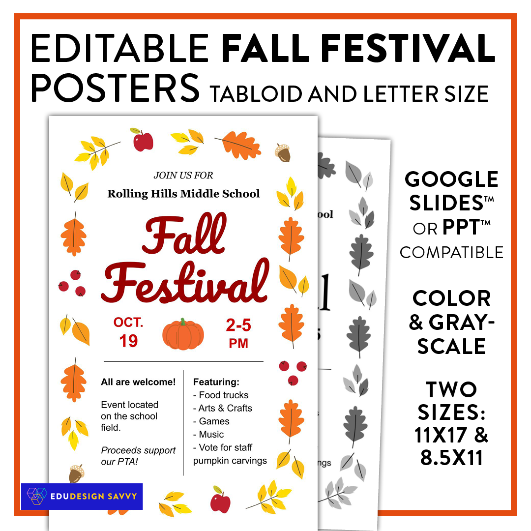 EDITABLE Fall Festival Event Posters: 11x17 Tabloid and 8.5x11 Letter Sizes