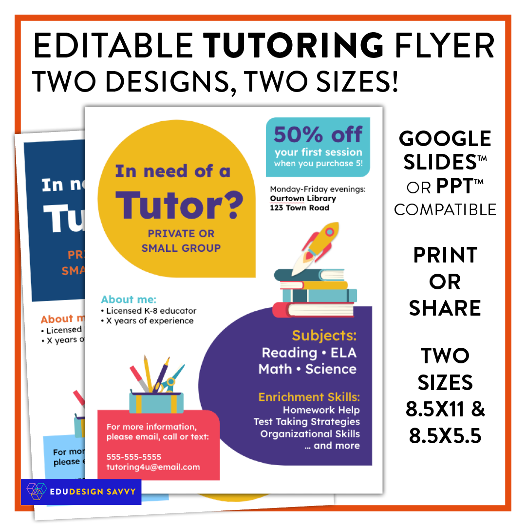 Customizable Tutoring Flyer Template for Teachers: Two Designs in Two Sizes!