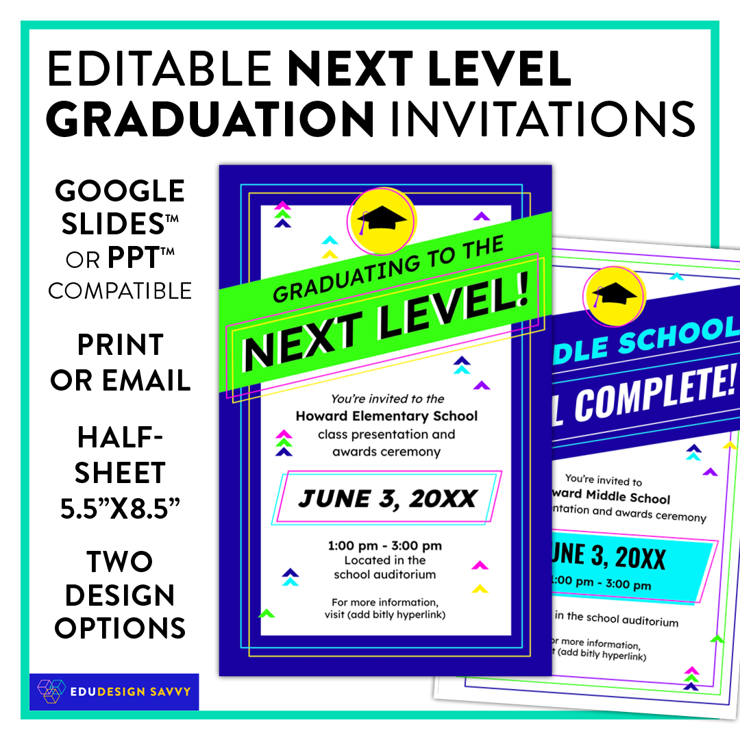 Elementary or Middle School Graduation Ceremony Invitation: Neon Gamer Theme