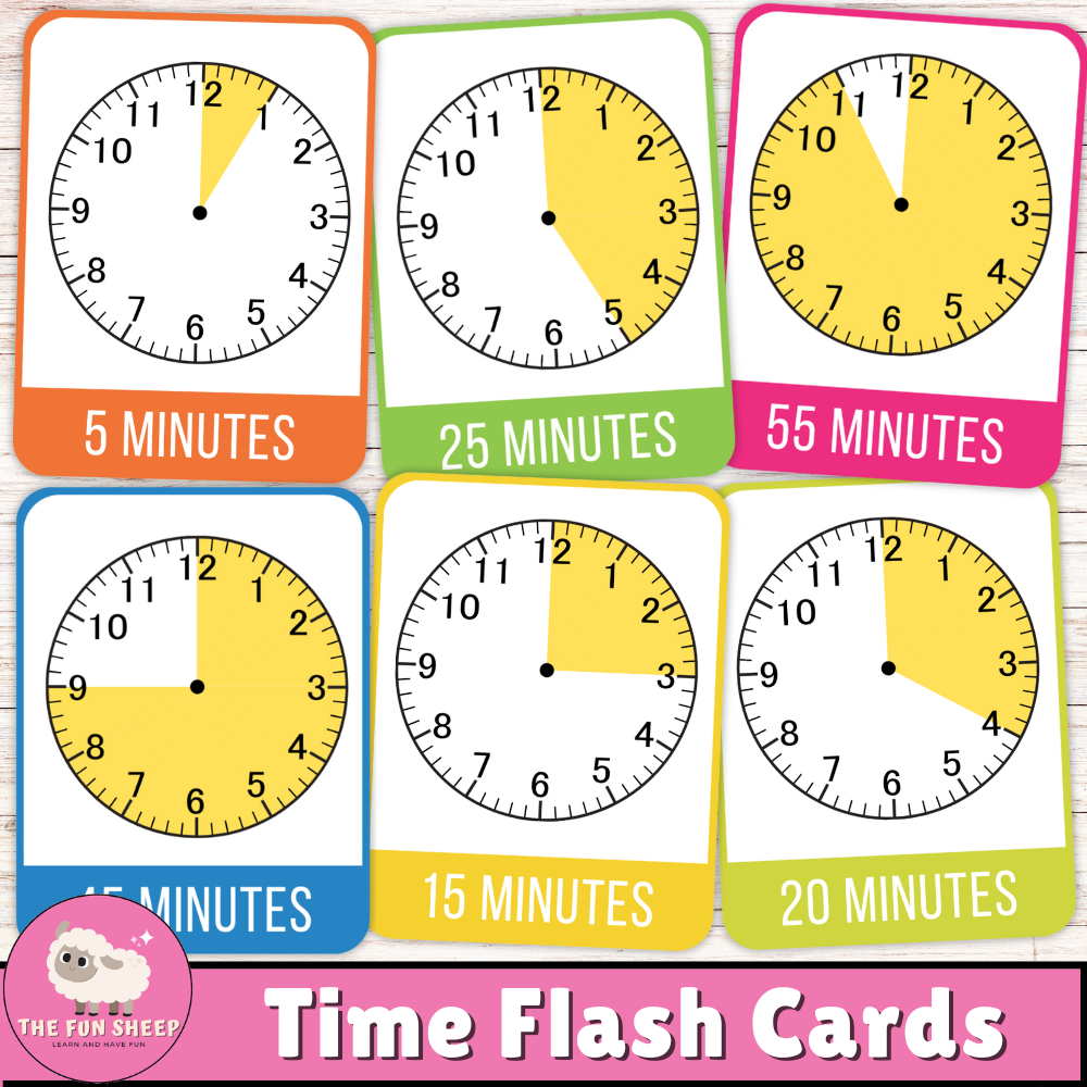 Time Flash Cards | Telling time Minutes Cards Learn About Time Educational Activity