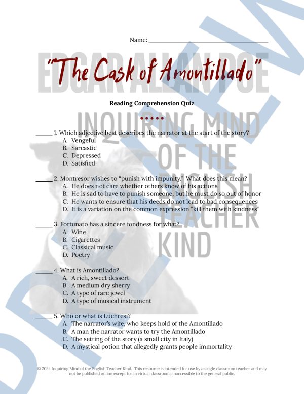 "The Cask of Amontillado" by Edgar Allan Poe Quiz and Answer Key | Made By Teachers