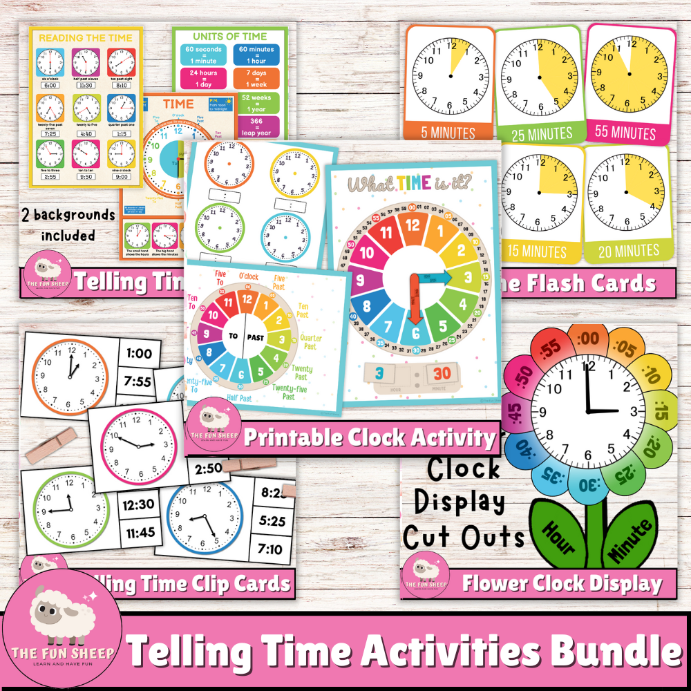 Telling Time Activities Bundle | Learn to Tell Time Worksheets Clock Exercises DIY Clock