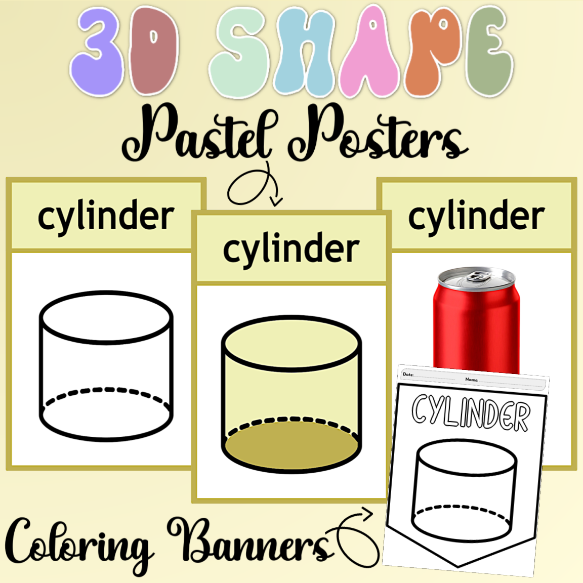 Pastel 3D Shape Posters with Real Pictures and Coloring Banners AUTISM, SPECIAL ED