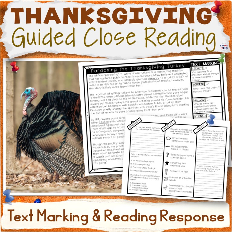 Turkey Pardoning Thanksgiving Passage Comprehension Close Reading Text Marking