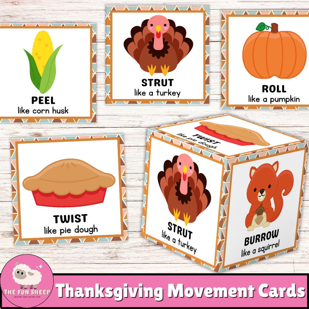 Thanksgiving Movement Cards & Dice | Action Flashcards Brain Break Transition Activity
