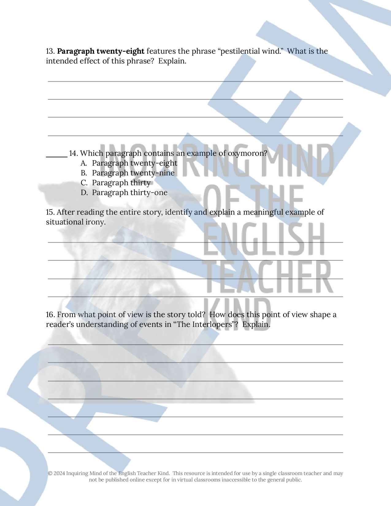 "The Interlopers" by Saki Quiz, Close Reading Activities, and ...