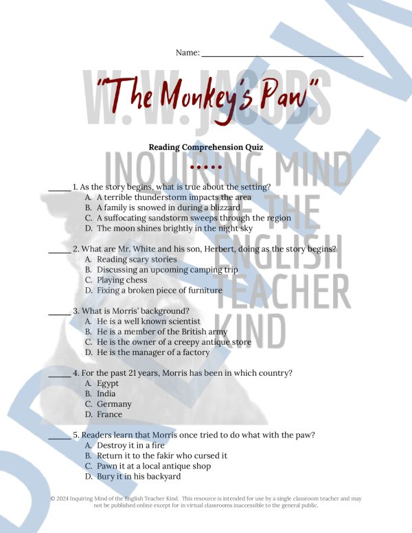 "The Monkey's Paw" by W. W. Jacobs Quiz and Answer Key - Made By Teachers