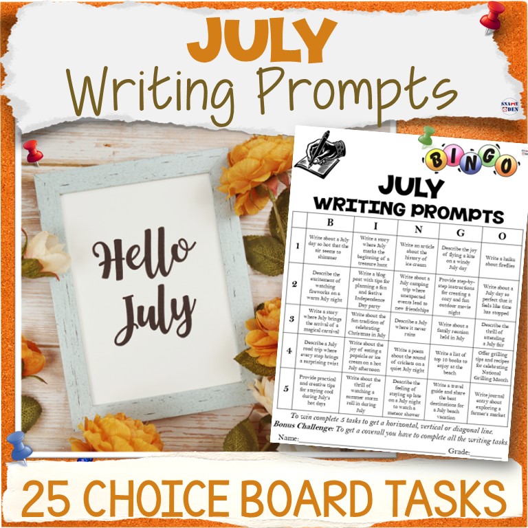 July Writing Prompts Bingo Creative Writing Morning Work Choice Board