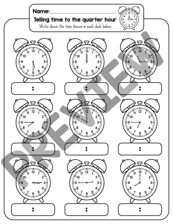 Telling Time To the Quarter Hour Worksheets And Activities - Made By ...