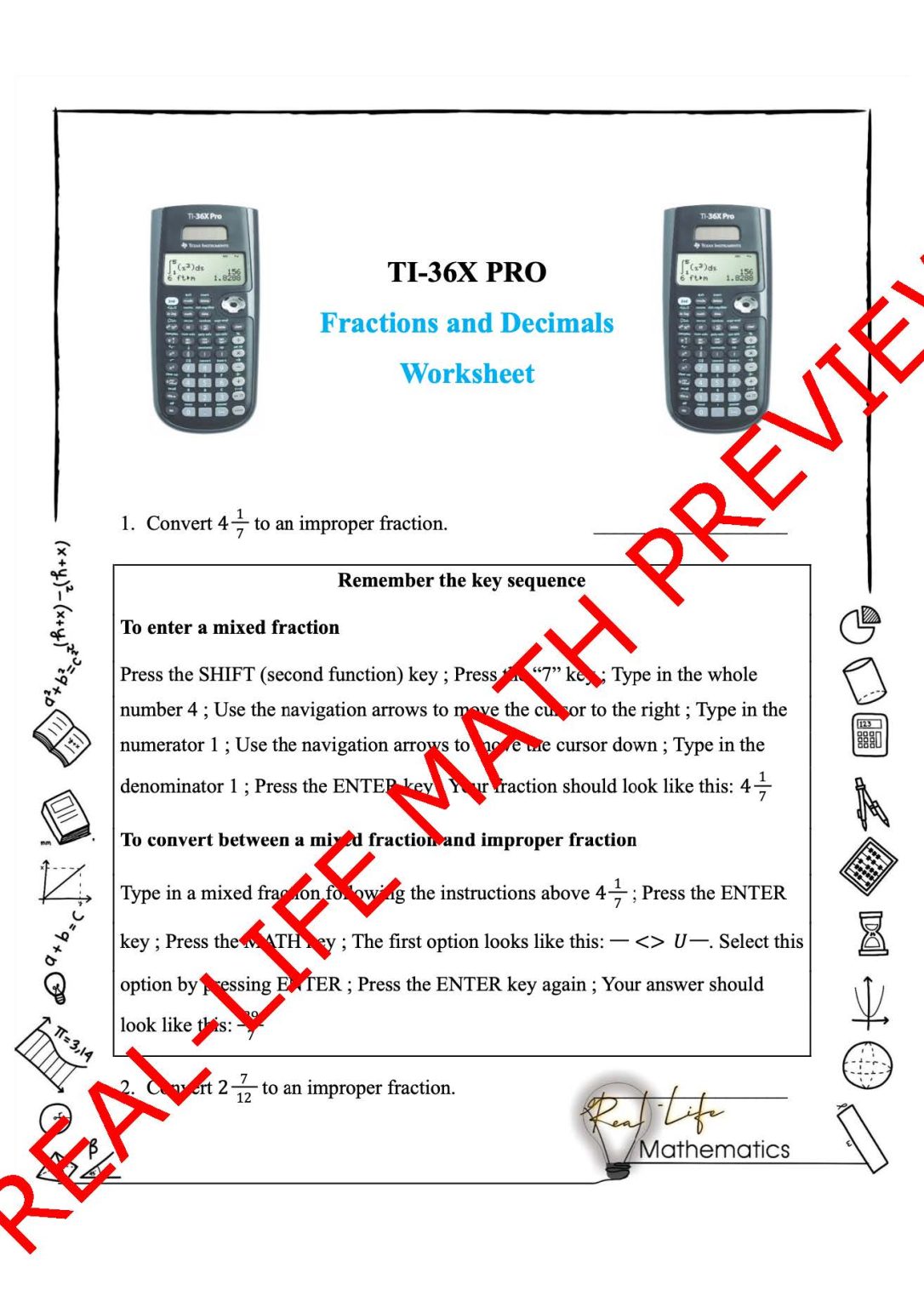 TI-36X Pro Calculator - Fractions and Decimals Worksheet and Key - Made ...