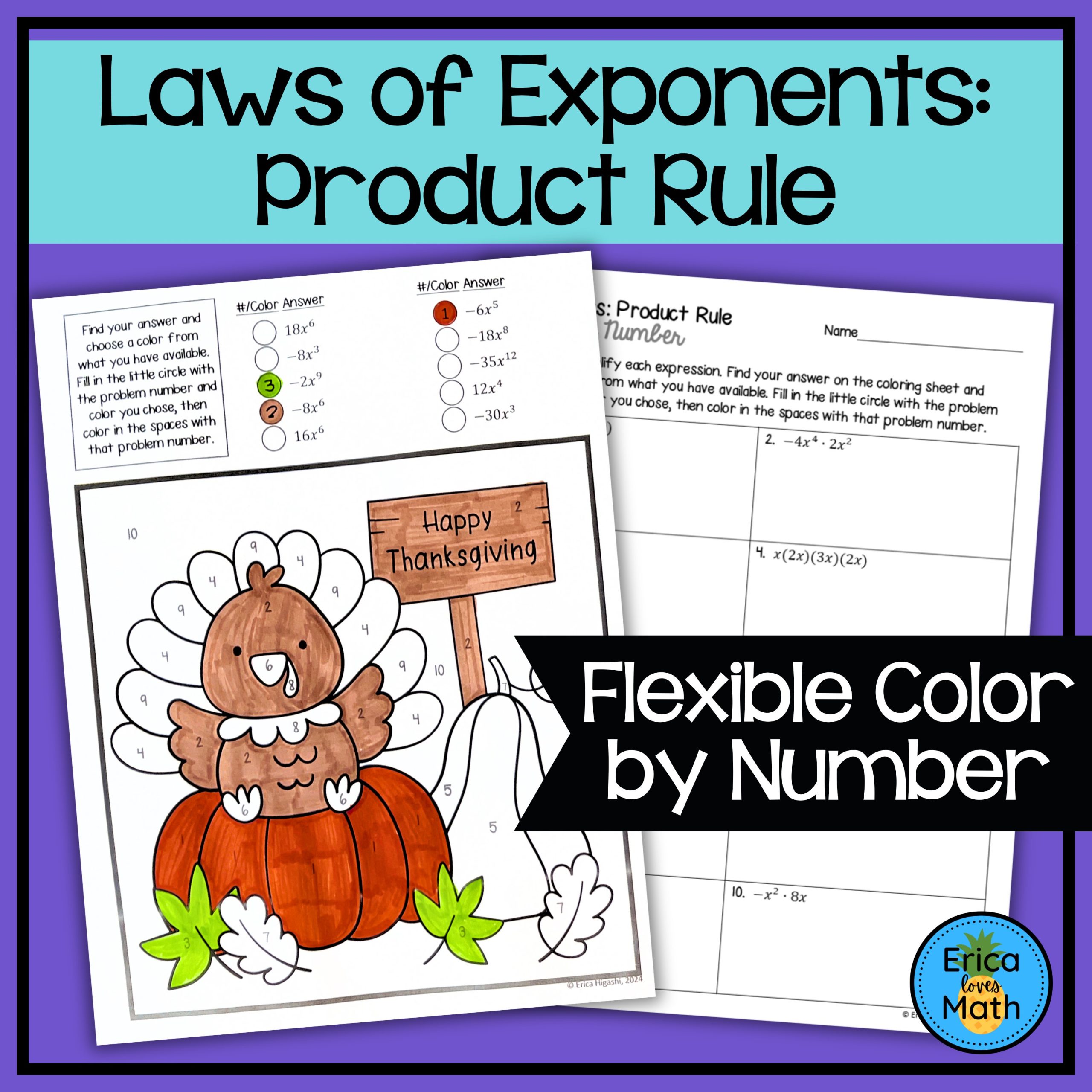 Expressions with Exponents (Product Rule) Thanksgiving Color by Number Activity